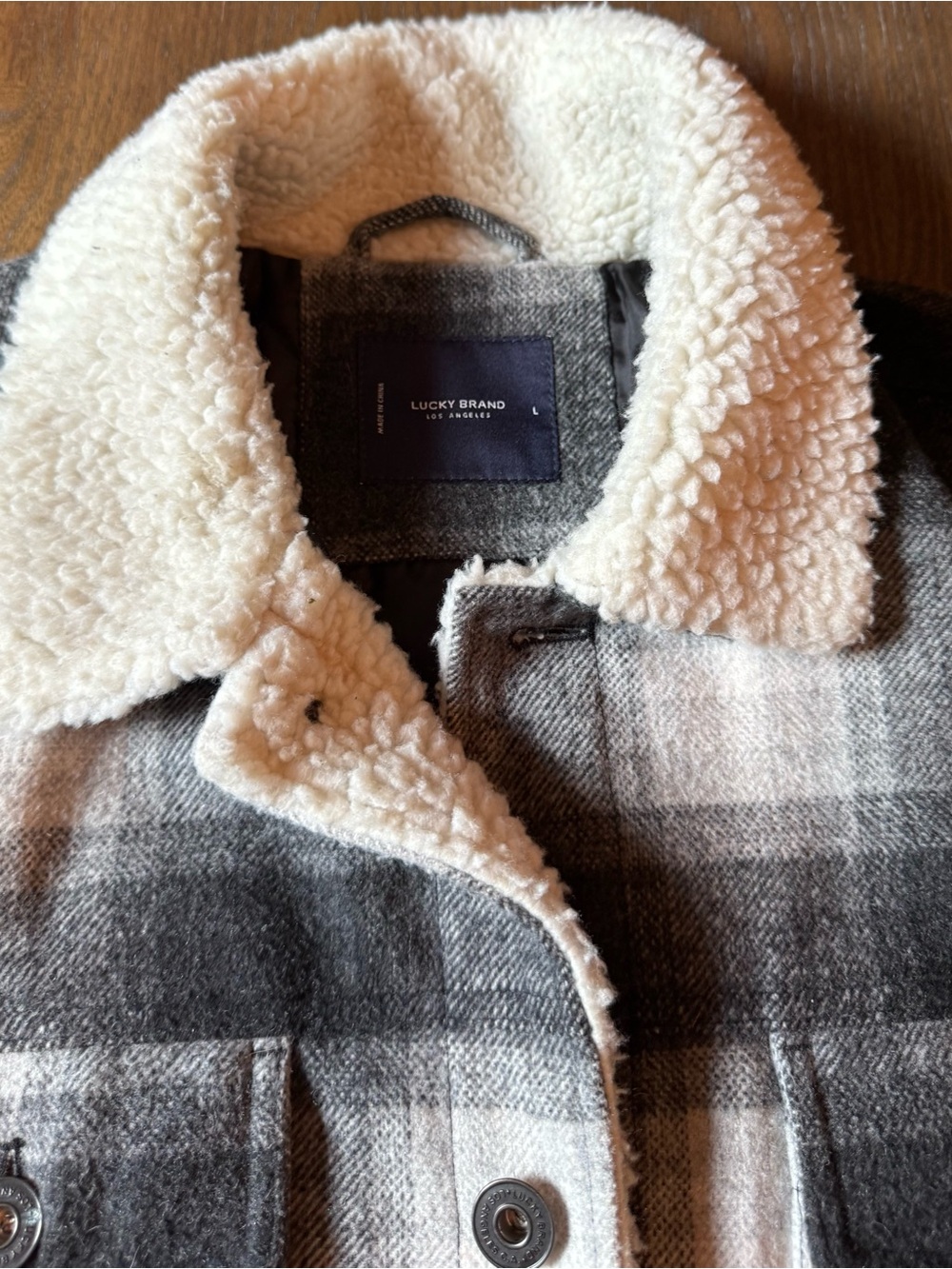 Lucky Brand Gray Plaid Sherpa Collar Shirt Jacket